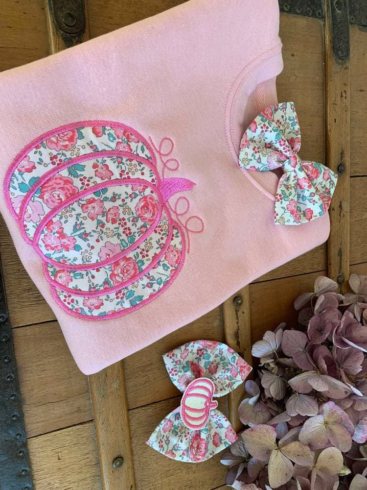 Barrette brodée Citrouille rose pale