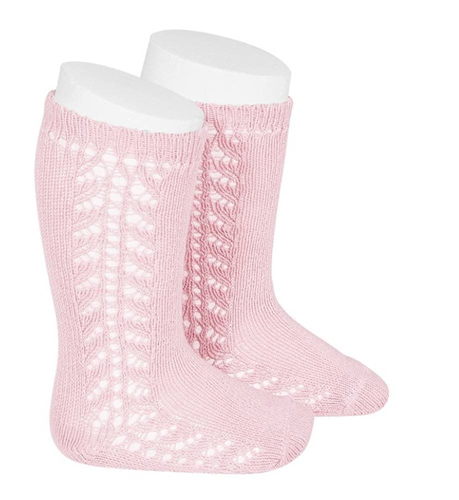 Chaussettes hautes chaudes ajourées côté coloris rose layette